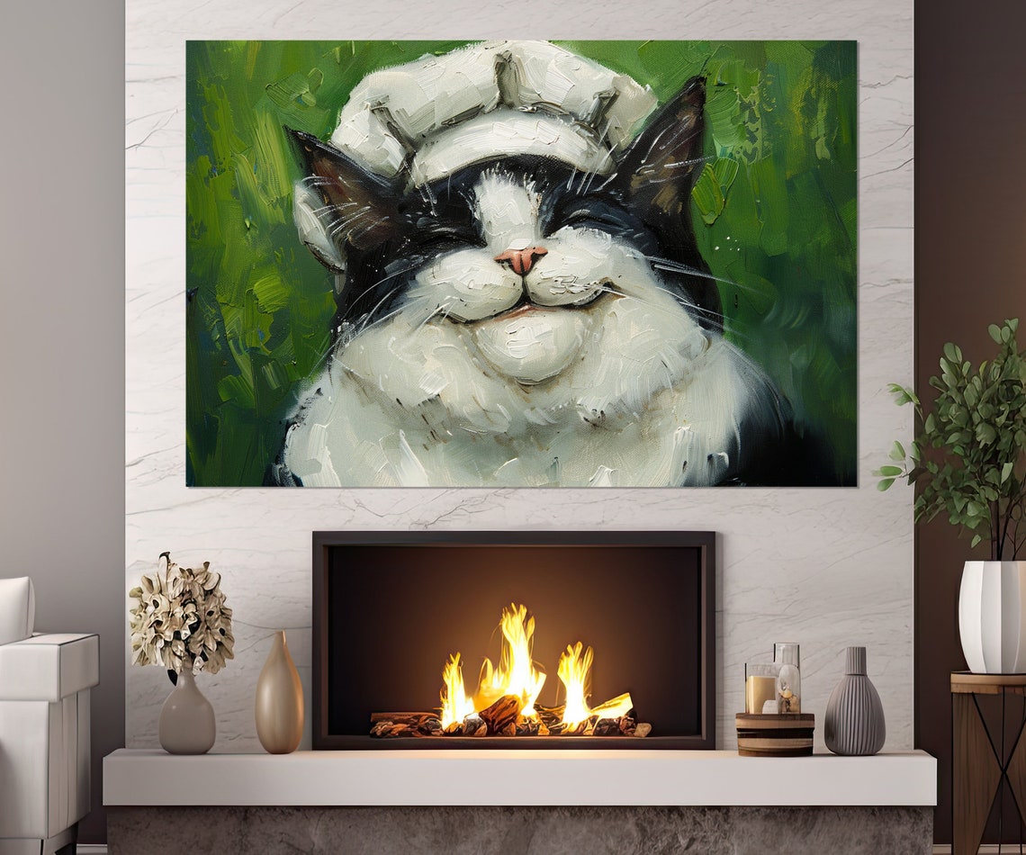 Smiling Tuxedo Cat Chef Hat Oil Painting Green Kitchen Wall Poster - Image 2