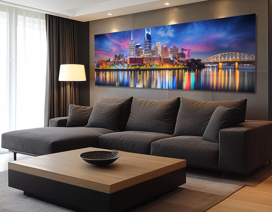 Nashville Skyline At Dusk With Cumberland River Lights Bridge Poster - Image 3