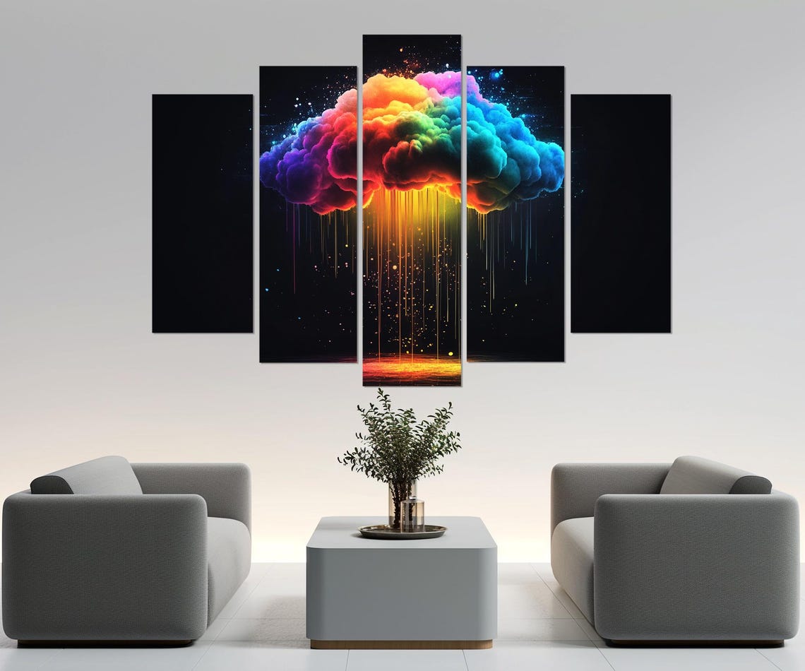 Abstract Rainbow Colored Rainy Cloud Print Contemporary Colorful Wall Art Cloud Art Clouds Wall Art Framed Ready To Hang - Image 4