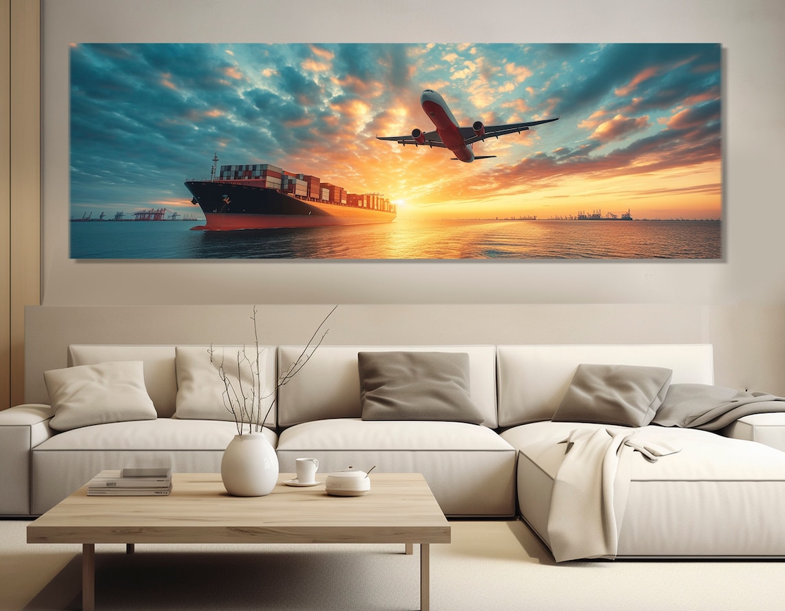 Logistics Plane and Cargo Ship Wall Art Print