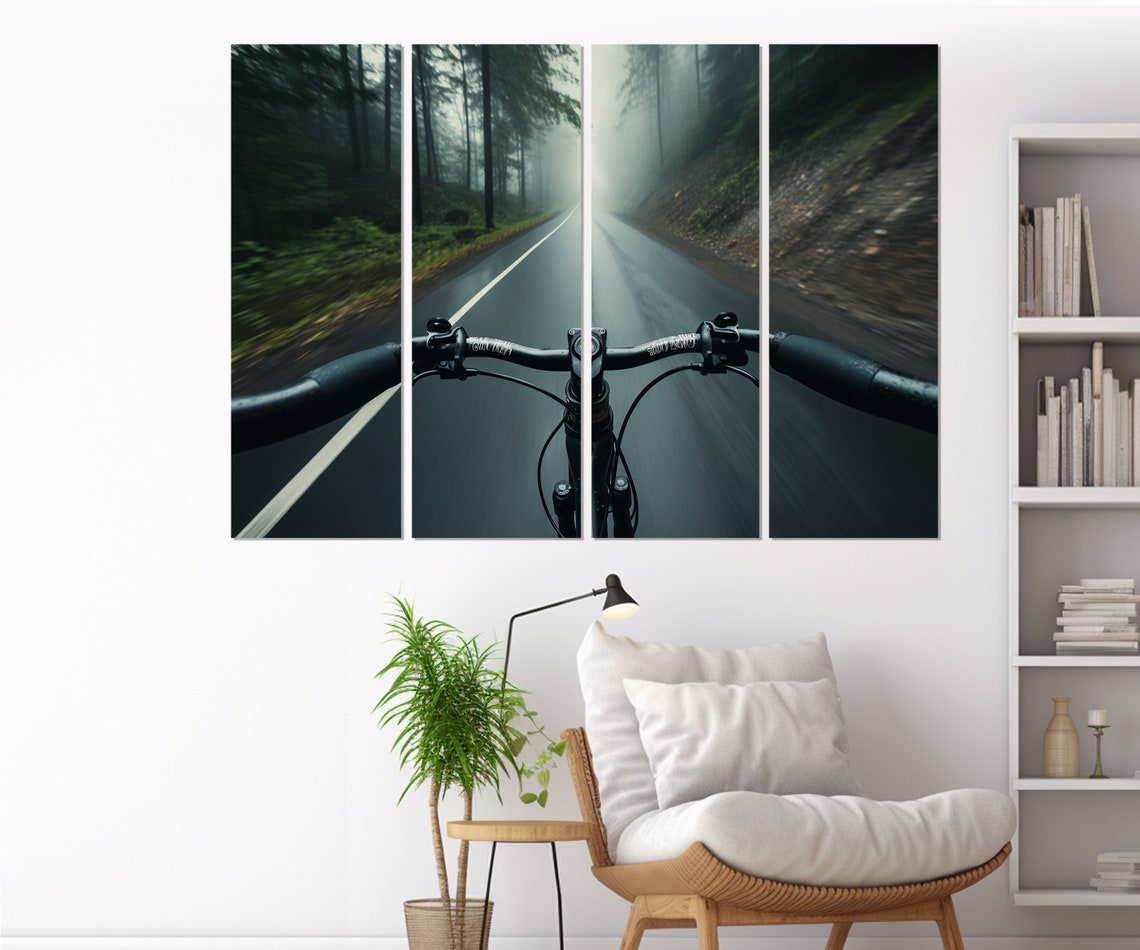 POV Bicycle Ride Misty Forest Road Triptych Cycling Wall Art Poster - Image 2