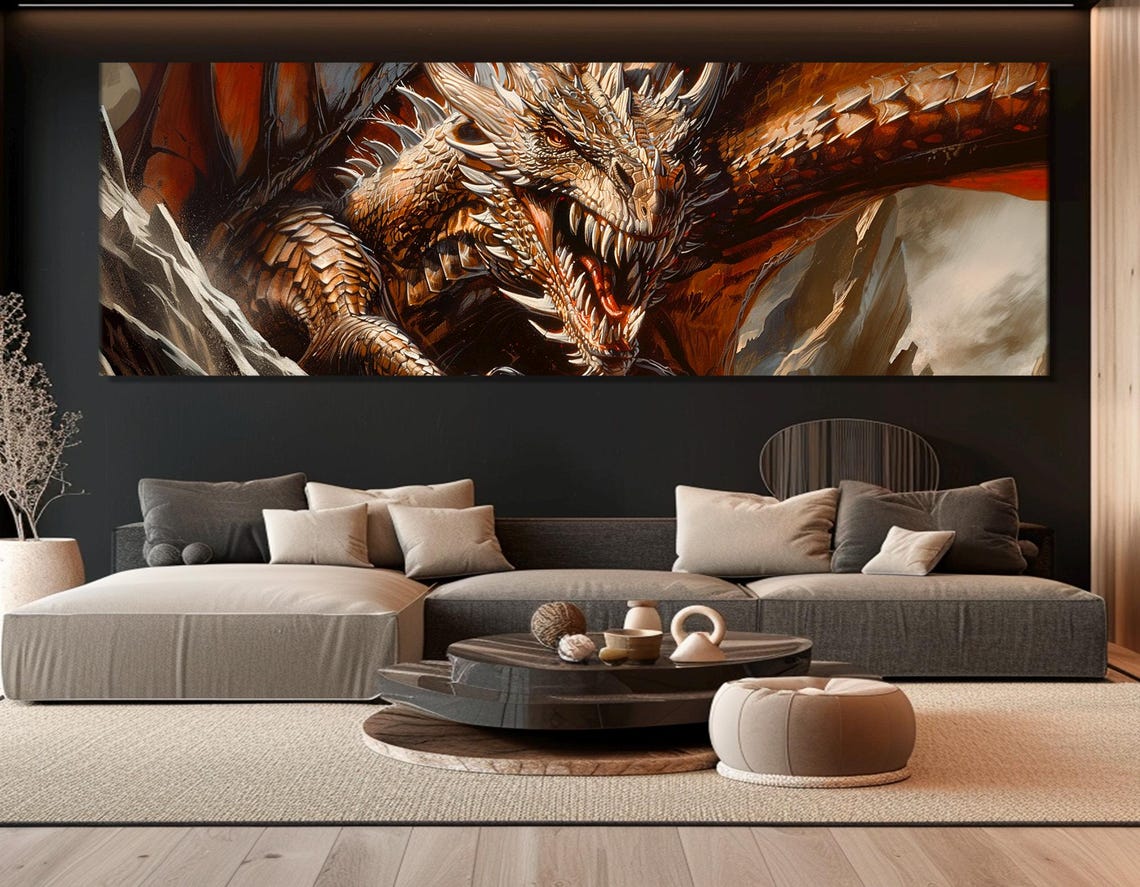Fierce Bronze Dragon Close Up Scales Fantasy Panoramic Wall Poster - Image 2