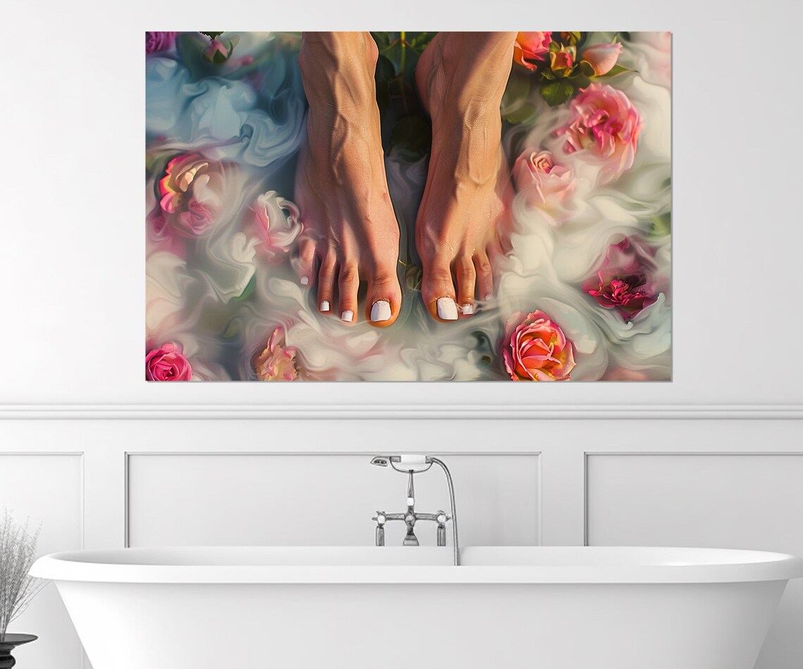 Woman Feet With Pedicure in Rose Petal Bath Relaxing Spa Salon Wall Art - Image 4