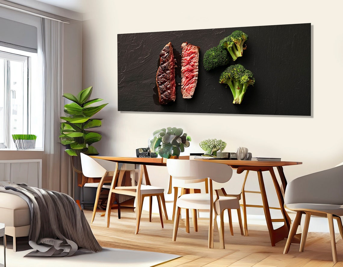 Medium Rare Steak Sliced Broccoli Black Slate Food Photography Poster - Image 3