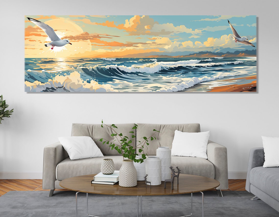 Seagulls Over Ocean Waves Sunset Beach Retro Illustration Poster - Image 2