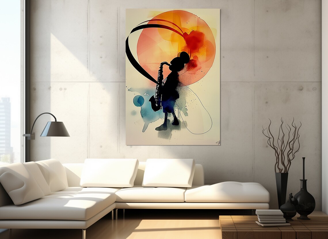 Jazz Saxophonist Silhouette Orange Sun Abstract Watercolor Music Wall Art Print - Image 3