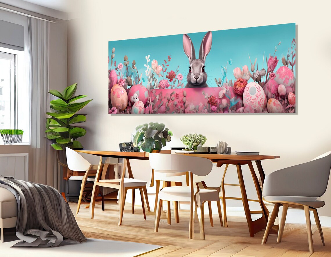 Easter Bunny Pastel Pink Floral Panoramic Nursery Springtime Wall Art Poster - Image 2