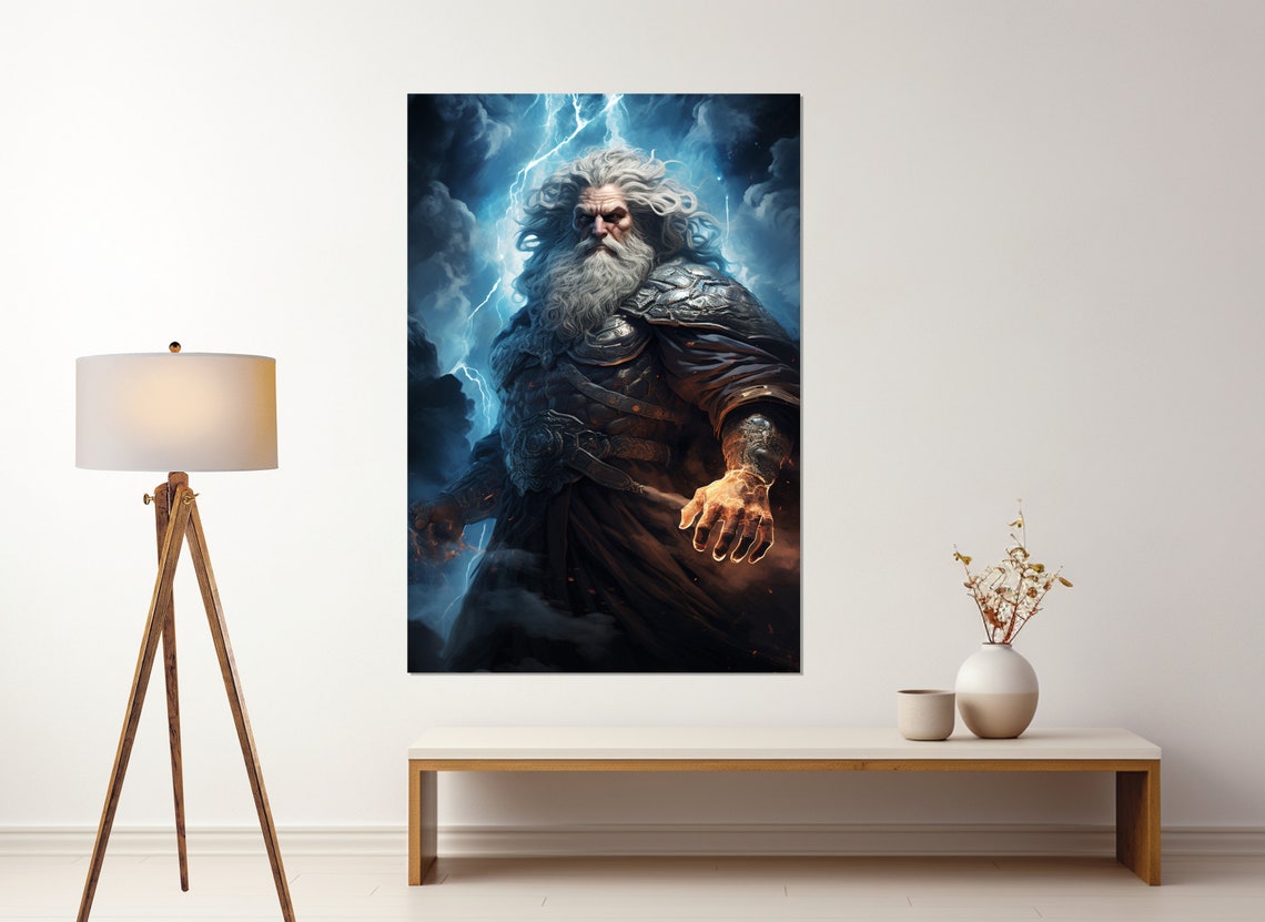 Zeus Lightning God Dark Armor Dramatic Storm Mythology Art Poster