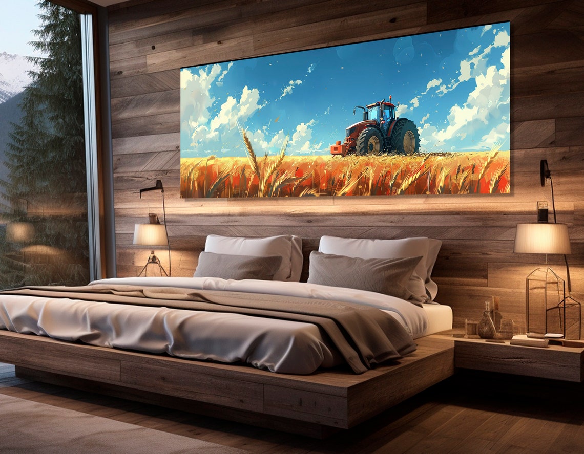 Red Tractor In Golden Wheat Field Bright Blue Sky Farm Decor Poster - Image 2