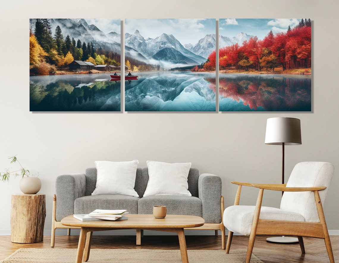 Mountain Lake Red Canoe Misty Peaks Autumn Colors Reflection Poster - Image 4