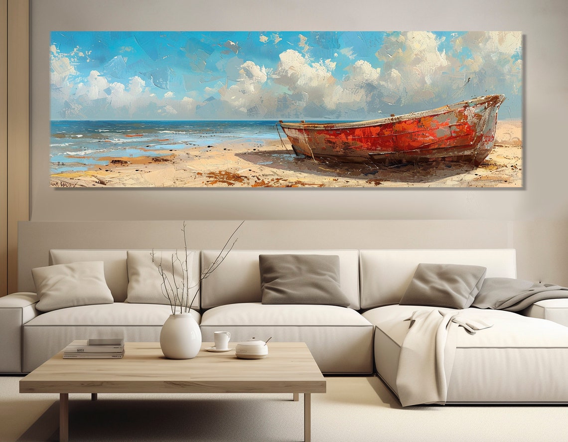 Weathered Red Boat On Sunny Sandy Beach Impressionist Poster