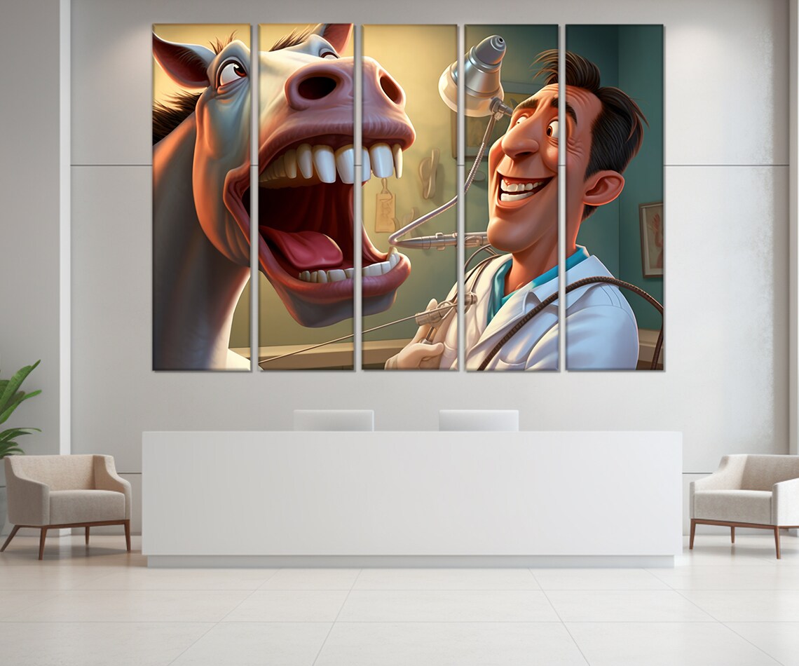 Funny Dentist Examining Horse Teeth Cartoon Dental Office Art Poster - Image 2