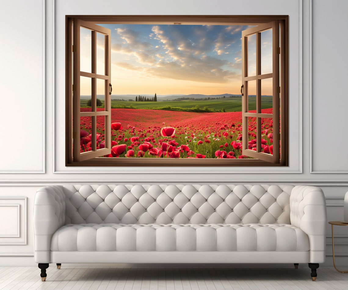 Open Window Red Poppy Field Sunset Countryside Faux View Poster - Image 2
