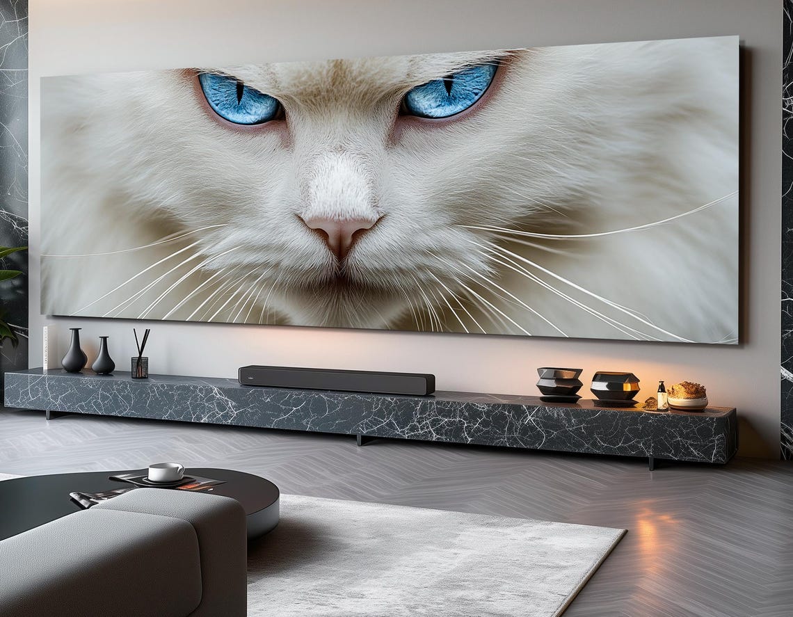 Stern White Cat Piercing Blue Eyes Close Up Feline Portrait Art - Image 3