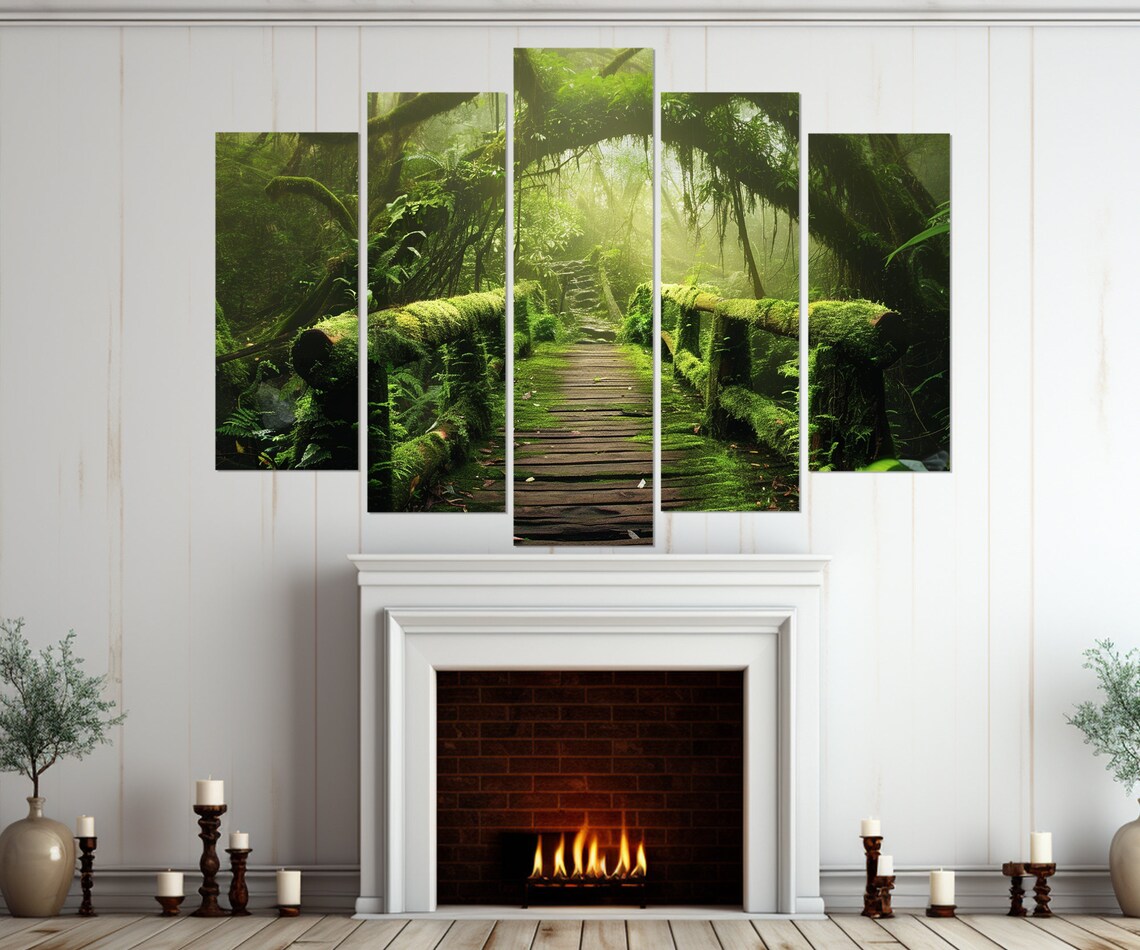 Bamboo Bridge Over River, Tropical Forest Art Print - Image 3