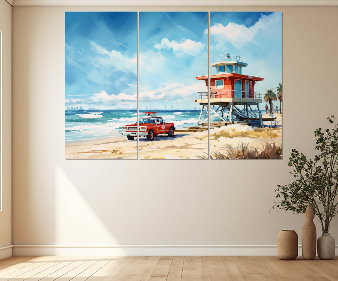 Red Lifeguard Tower Truck Sunny Beach Painting Travel Poster - Image 2