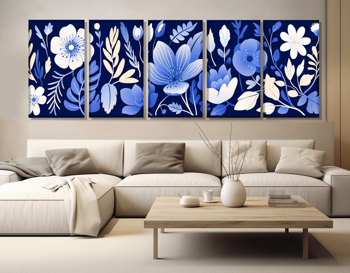 Navy Blue Botanical Floral White Cream Flowers Elegant Wall Art Poster - Image 3