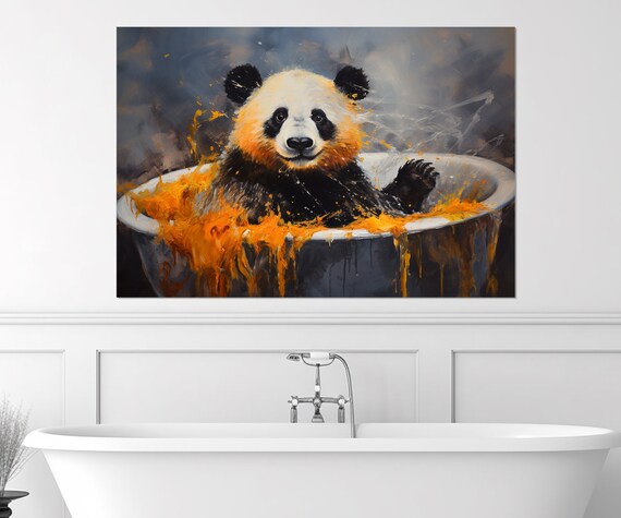 Cute Panda Bathtub Orange Paint Splashes Playful Nursery Wall Art
