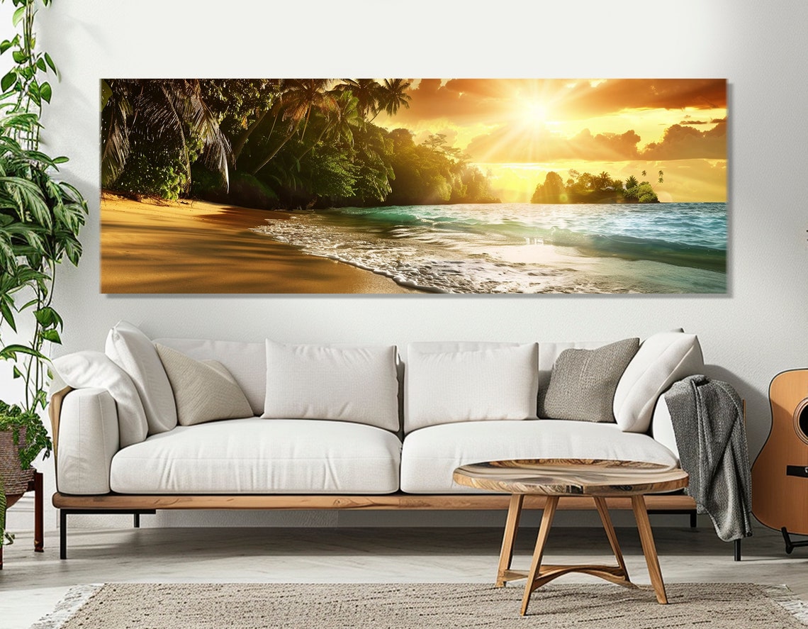 Tropical Beach Golden Sunset Palm Trees Turquoise Ocean Waves Poster