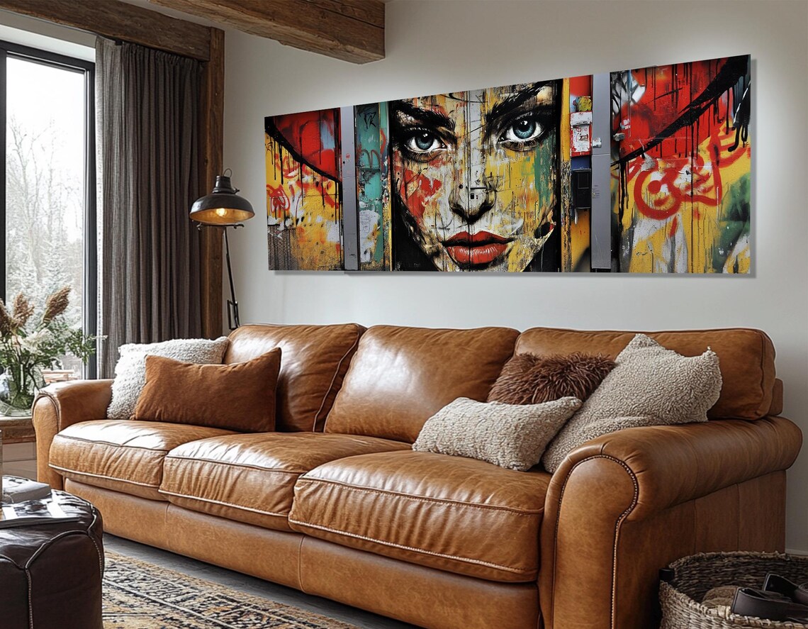 Street Graffiti Woman Face Triptych Urban Spray Paint Colorful Wall Art Print - Image 2