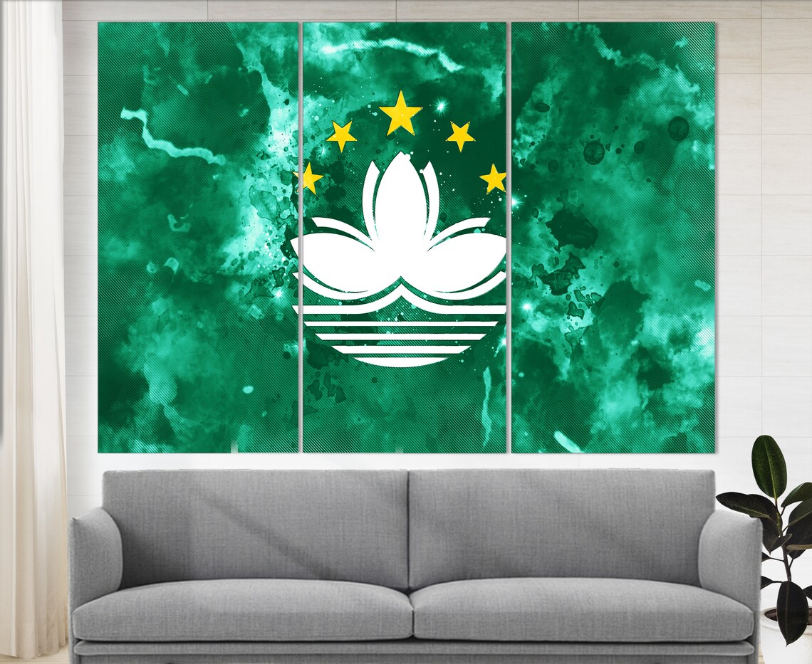 Macau Flag Watercolor Green Lotus Gold Stars Canvas Wall Art Poster - Image 2