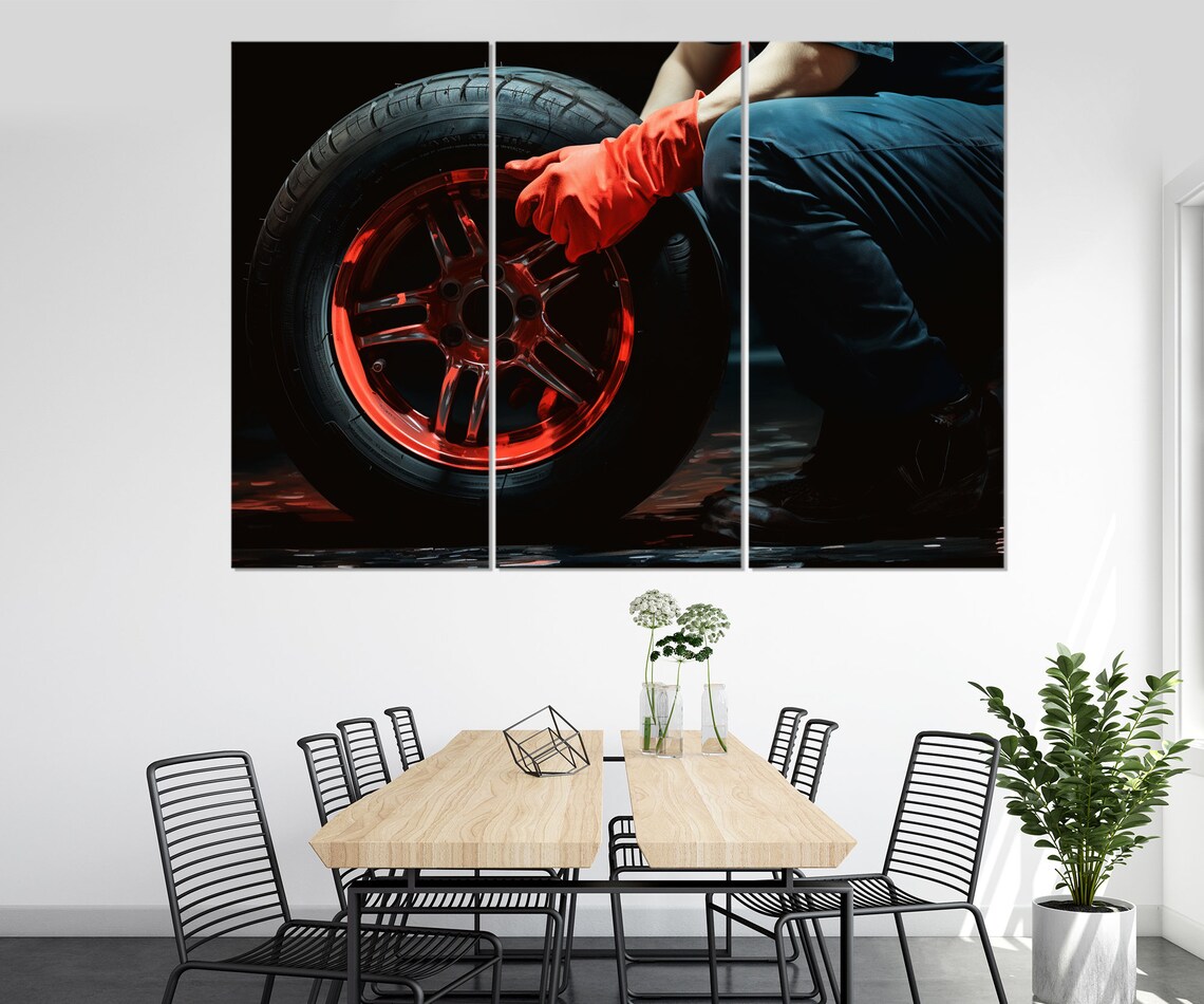Tire Fitter Red Gloves Red Rim Wheel Dark Garage Wall Art Poster - Image 2