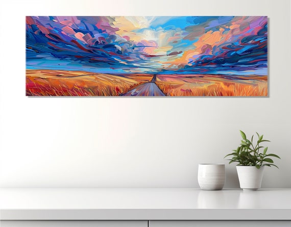 Dramatic Sky Over A Road In Wheat Field Painting Print Colorful Field Painting Rustic Wall Decor Framed And Ready To Hang