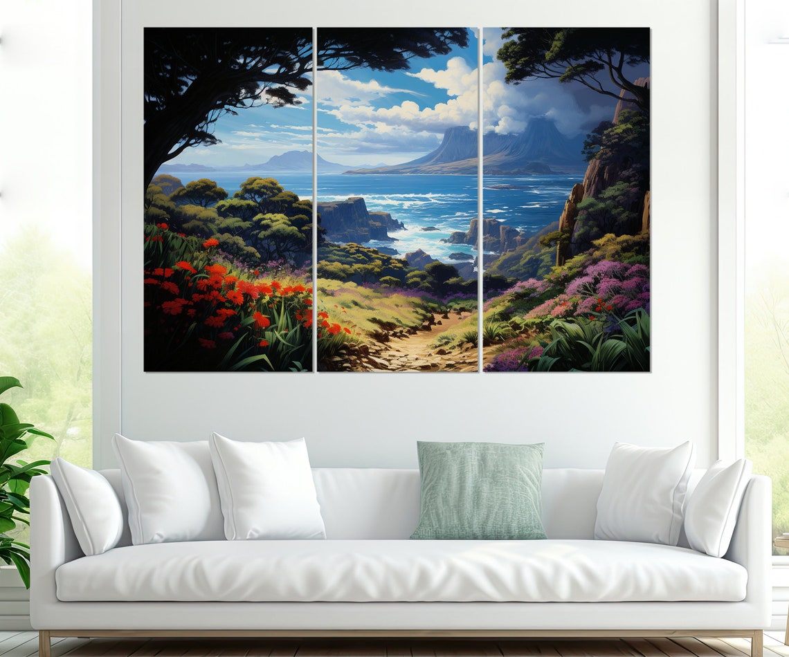 Tropical Volcanic Island Coastal Path Red Flowers Ocean Travel Poster - Image 4