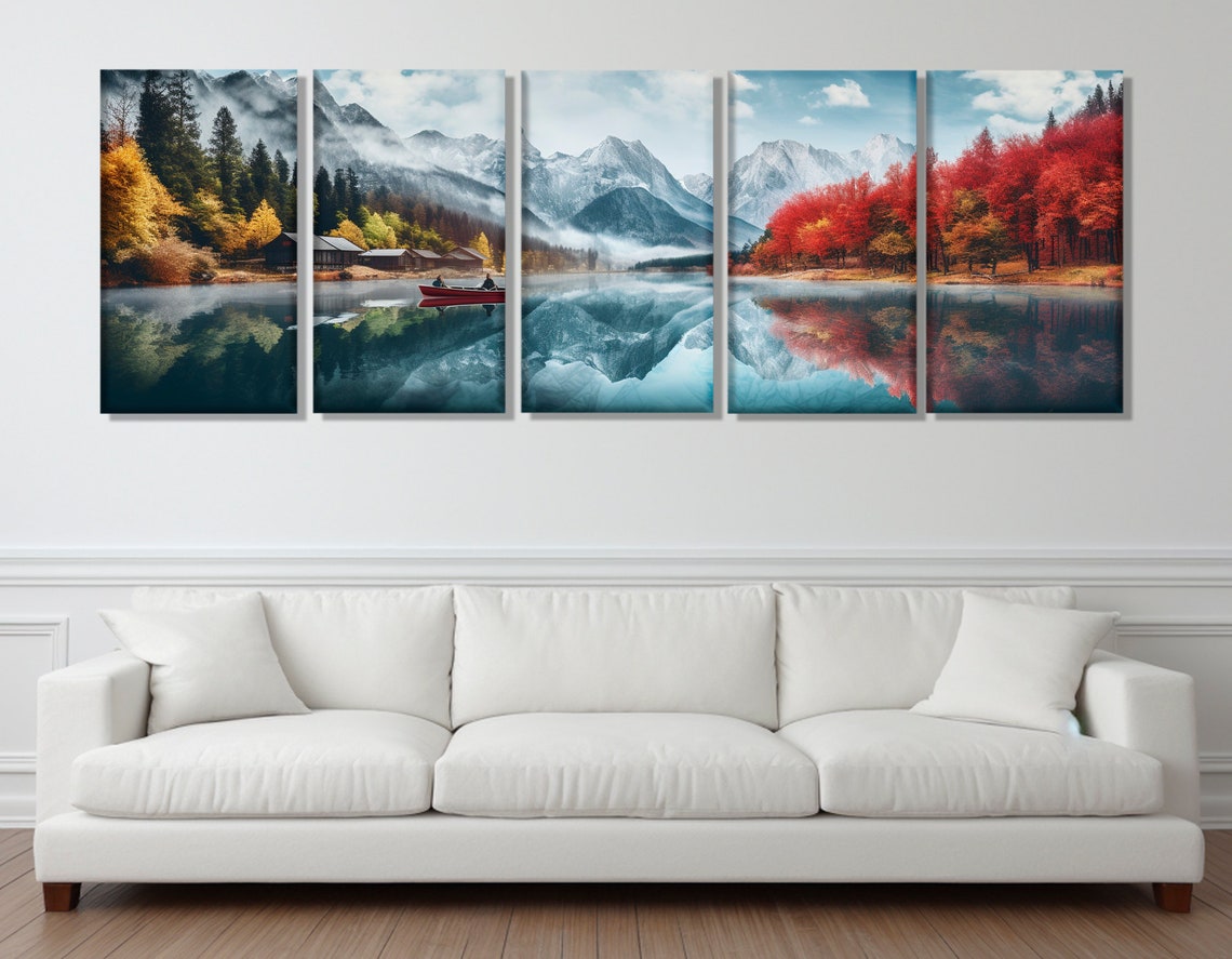 Mountain Lake Red Canoe Misty Peaks Autumn Colors Reflection Poster - Image 3