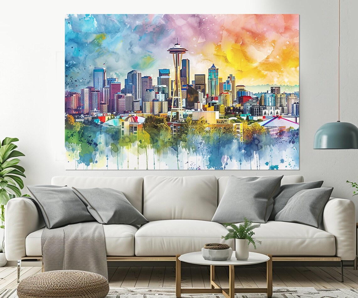 Seattle Space Needle Skyline Rainbow Watercolor City Travel Poster - Image 3