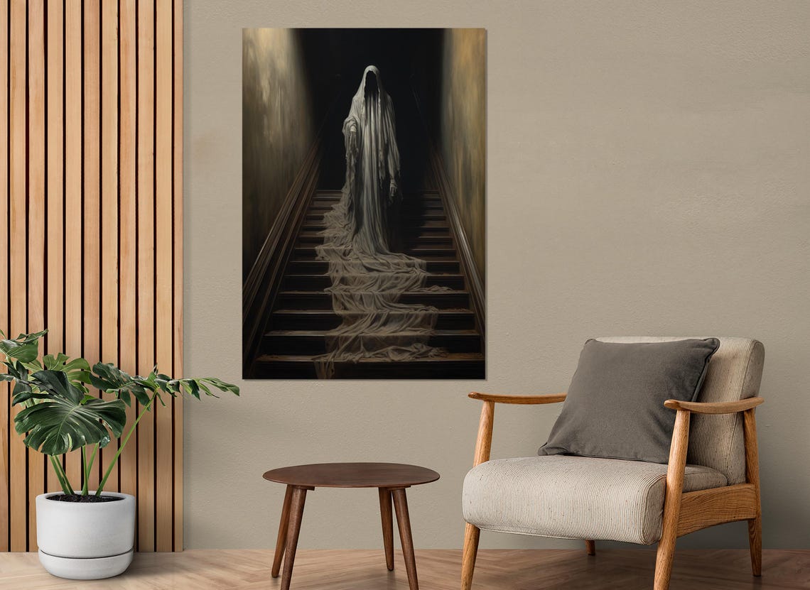 Hooded Ghost Standing On Dark Staircase Spooky Gothic Wall Art Poster - Image 4