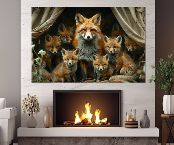 Mother Fox With Cubs Abstract Painting Print Fox Wall Art Fox Art Little Fox Poster Nursery Decor Framed Ready To Hang