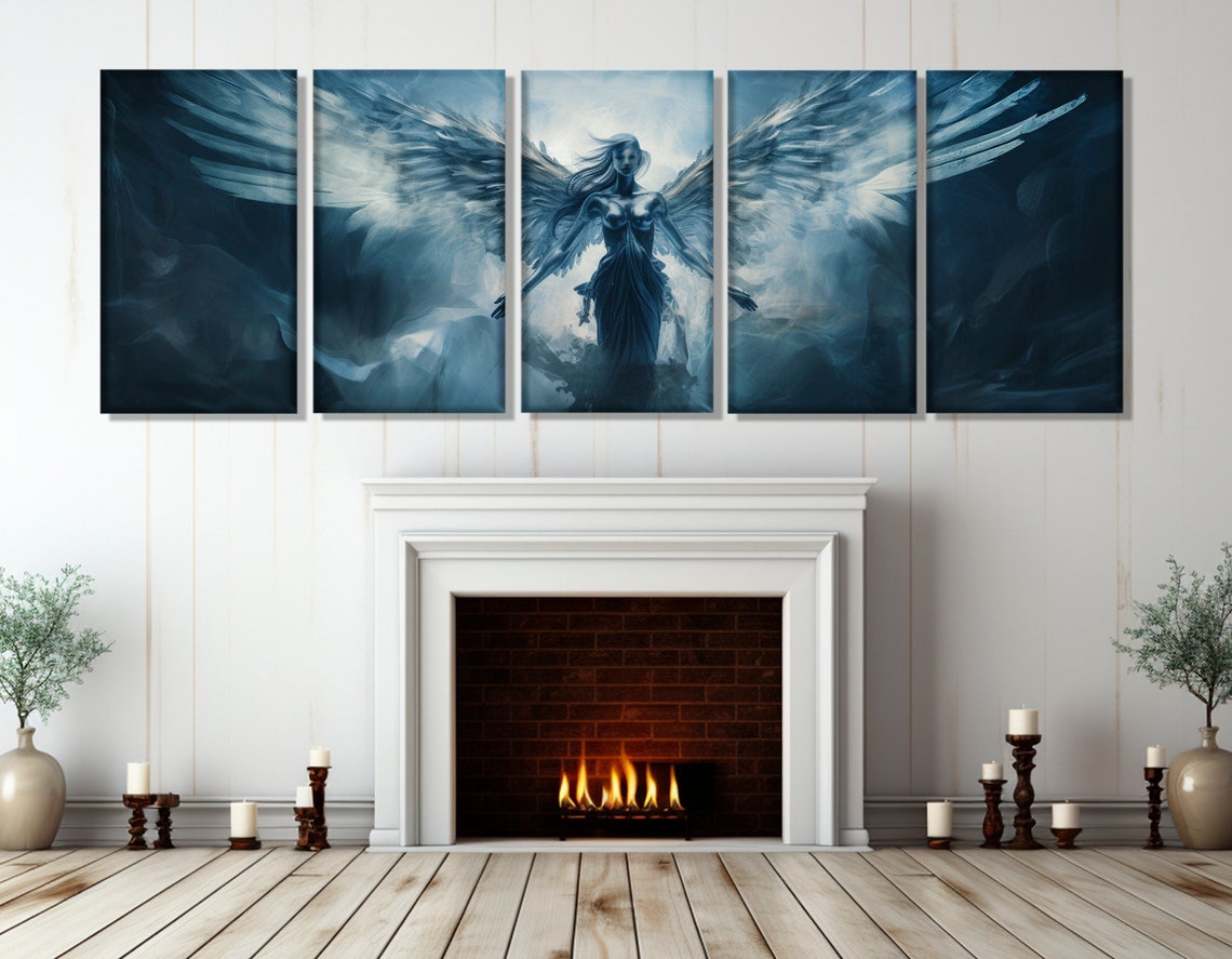 Dark Blue Angel With Spread Wings Ethereal Clouds Fantasy Art Poster - Image 2