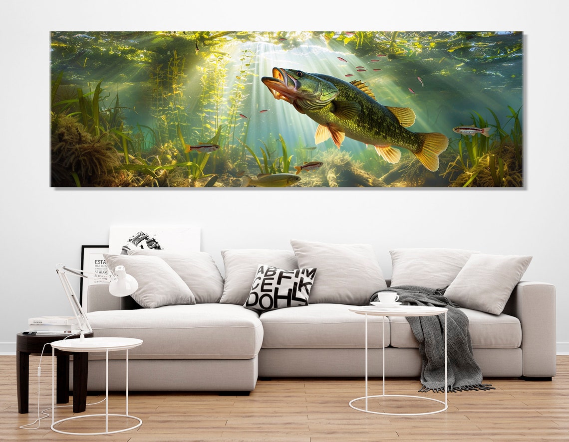 Largemouth Bass Underwater Sunbeams Green Weeds Fishing Wall Art Print