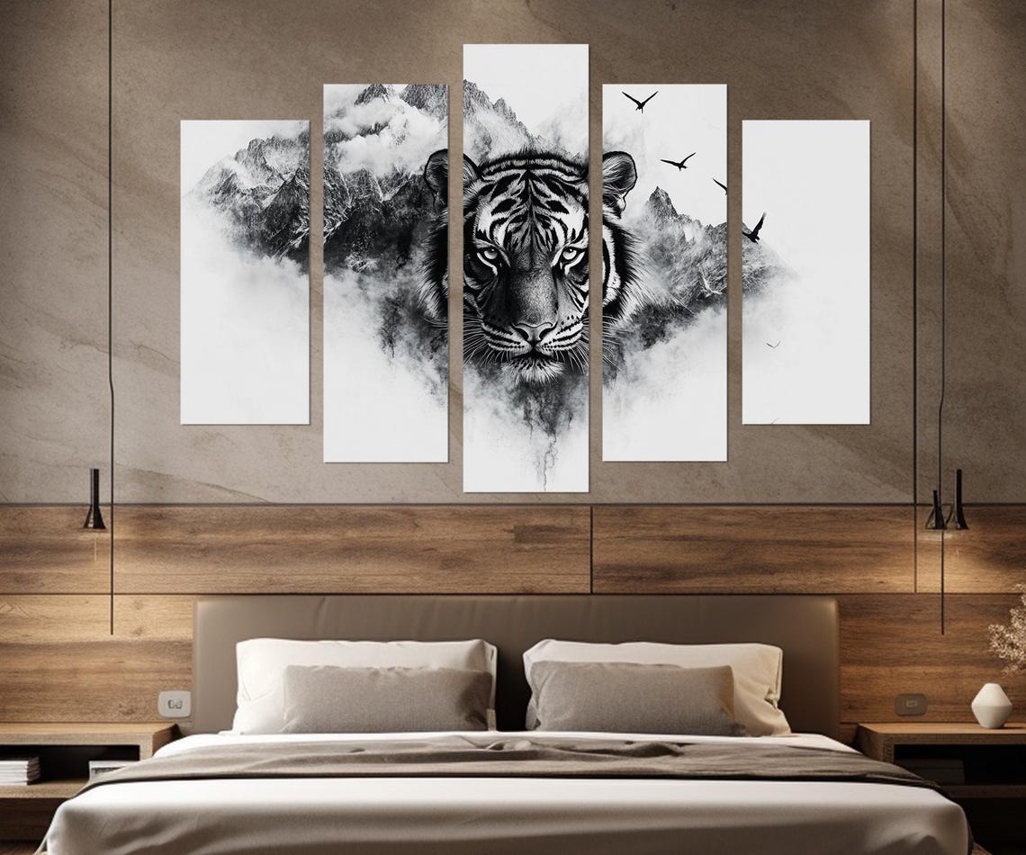 Tiger Face Misty Mountains Black White Ink Art Portrait Wall Poster - Image 4