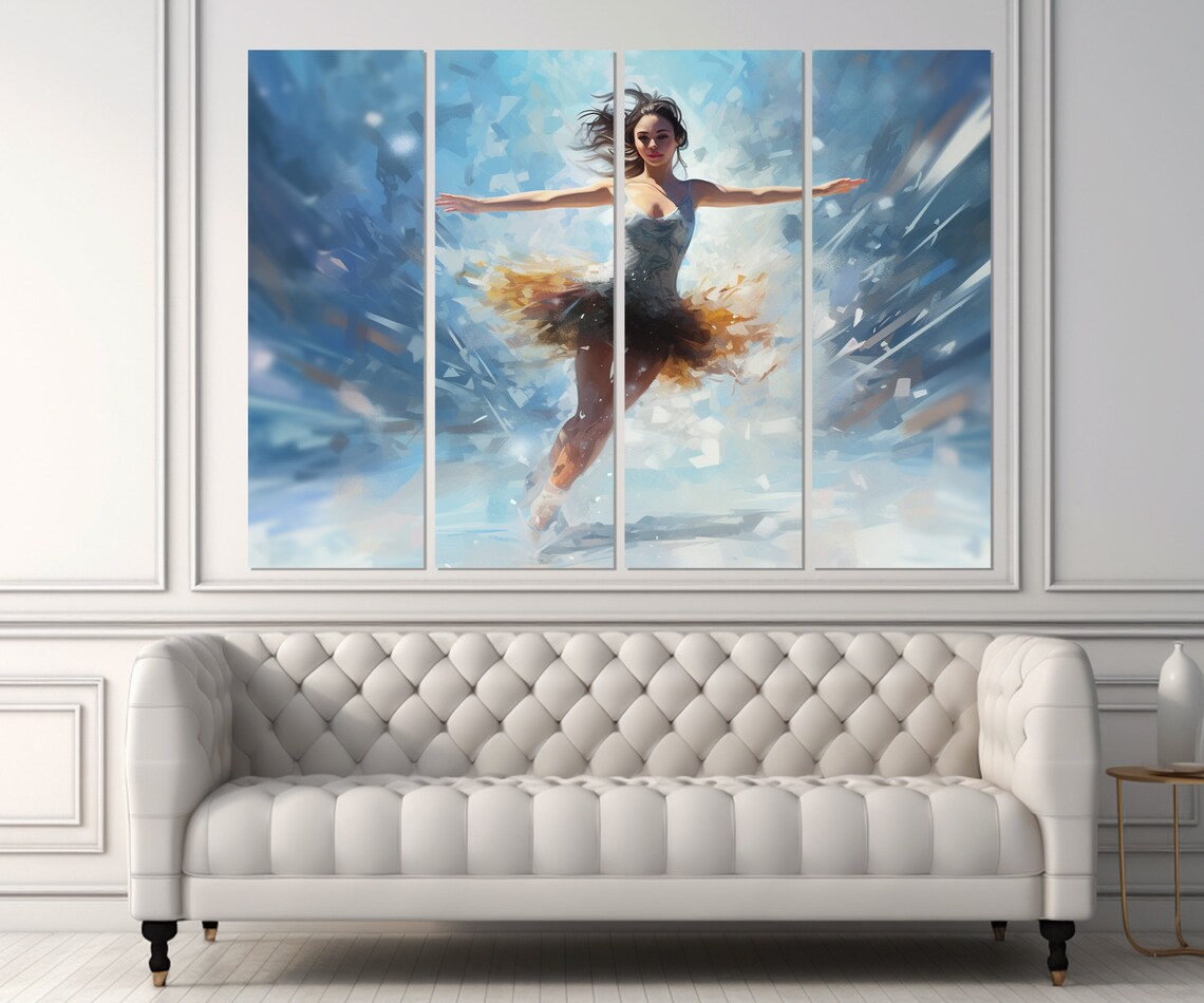 Female Figure Skater Mid Jump Icy Blue Winter Sports Art Poster - Image 2