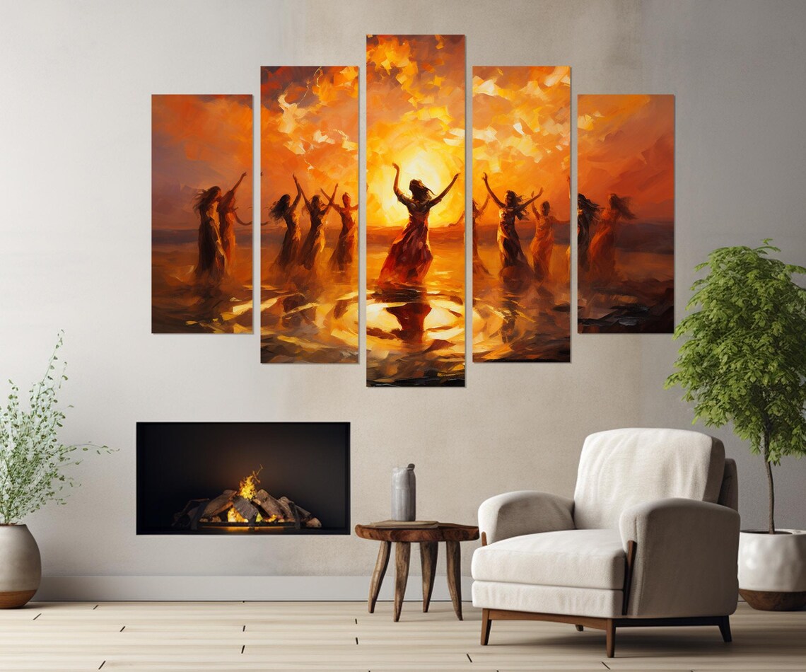 Women Dancing Around Fire Fiery Sunset Impressionist Celebration Wall Poster - Image 4