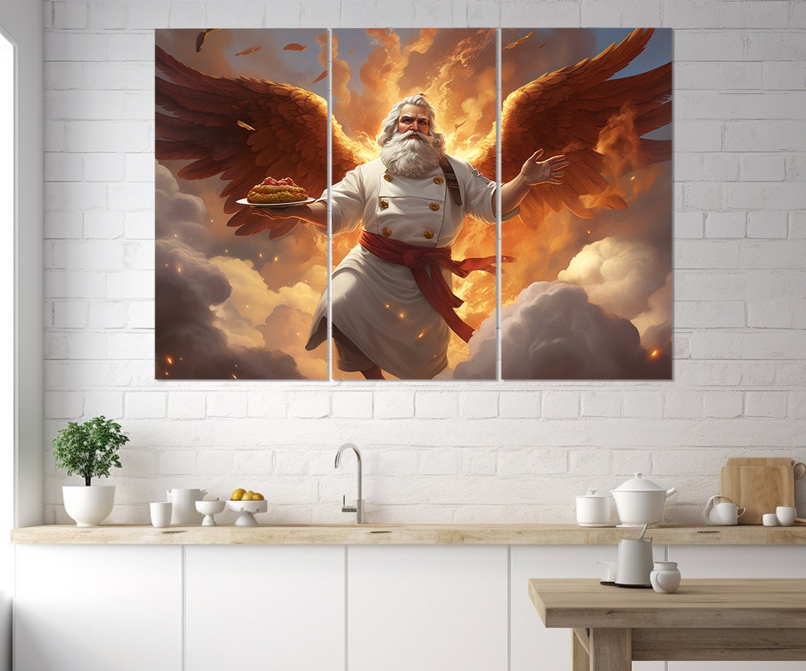 Winged Chef Angel Fiery Clouds Epic Kitchen Fantasy Painting Poster - Image 3