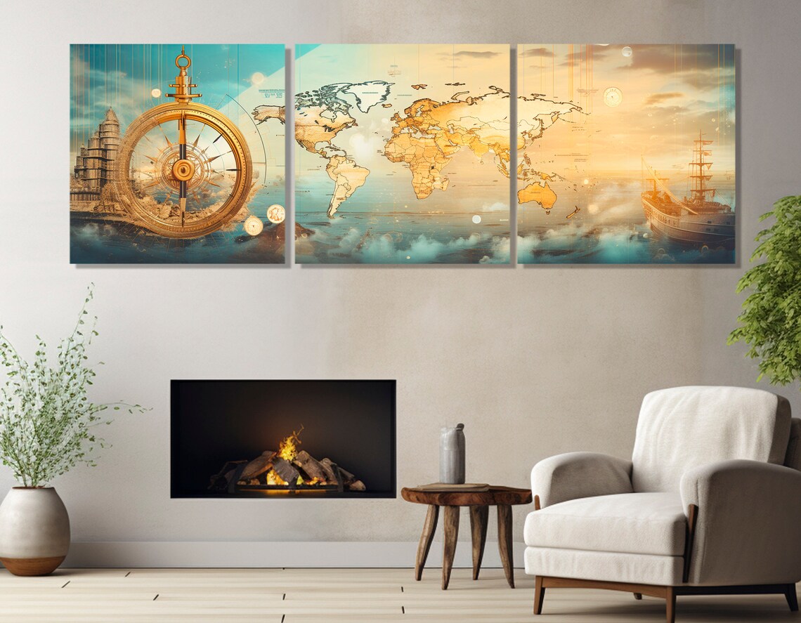Vintage World Map Golden Compass Sailing Ship Travel Wall Poster - Image 3