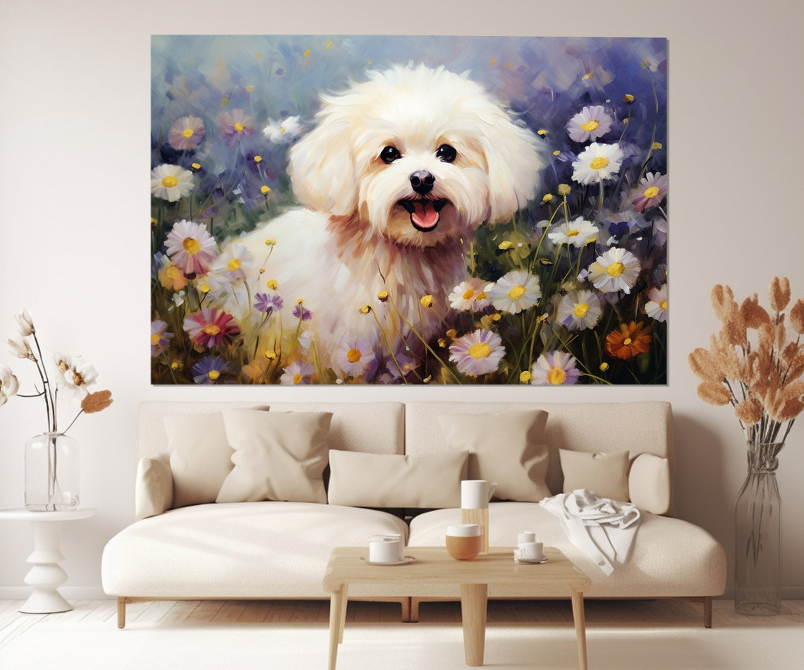 White Fluffy Puppy In Daisy Field Impressionist Dog Painting Poster - Image 4