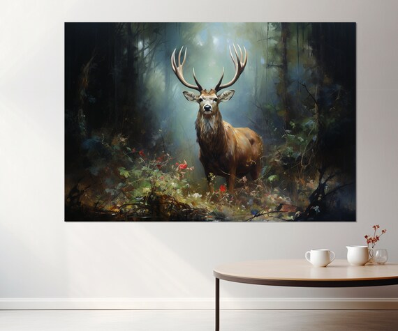 Majestic Stag Misty Forest Antlers Dappled Light Nature Wall Art Poster