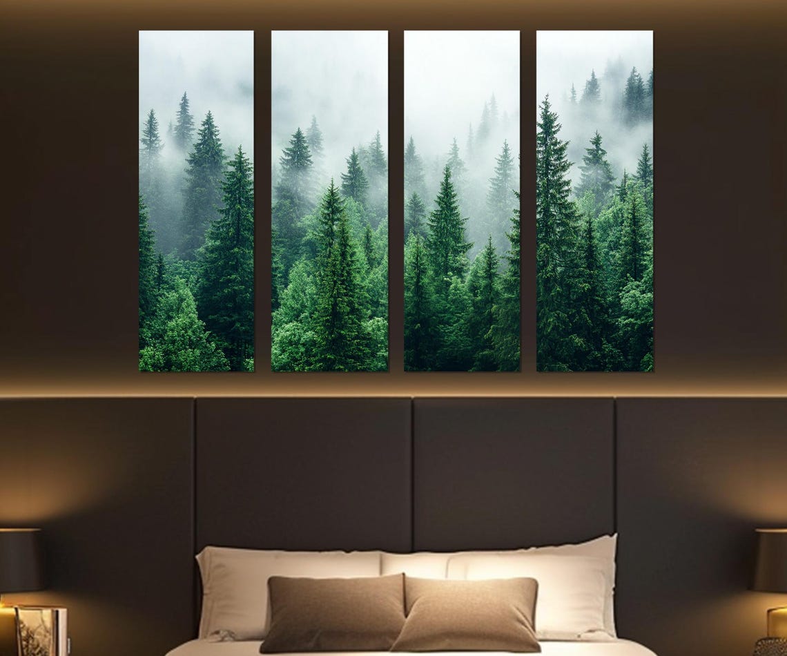 Misty Pine Forest Fog Dense Green Trees Nature Landscape Wall Poster - Image 3