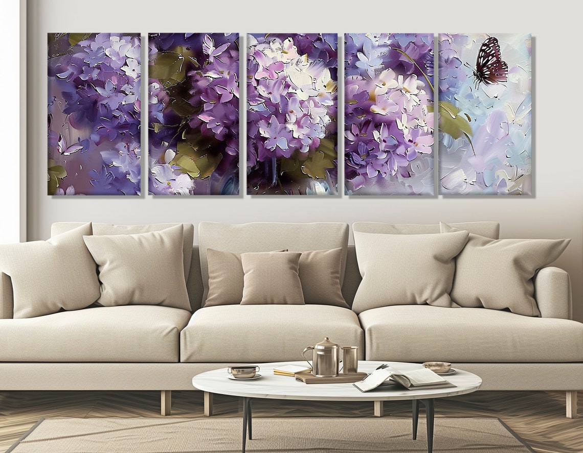 Purple Lilac Blossoms Butterfly Thick Impasto Spring Floral Wall Art - Image 3