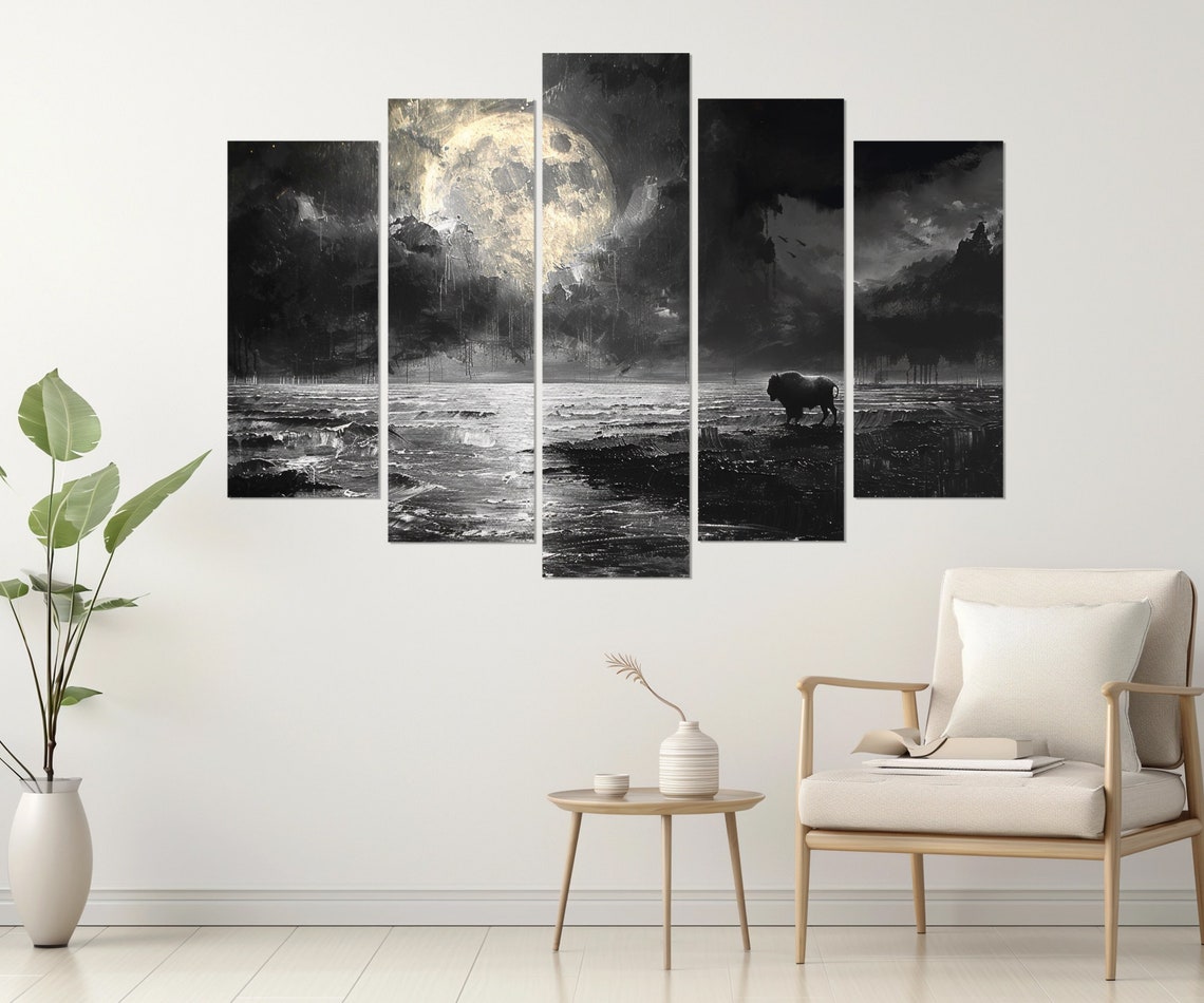 Impressionistic Moon Over Sea Painting Print Bison On Post Apocalyptic Landscape Painting Gothic Wall Decor Framed Ready To Hang - Image 3