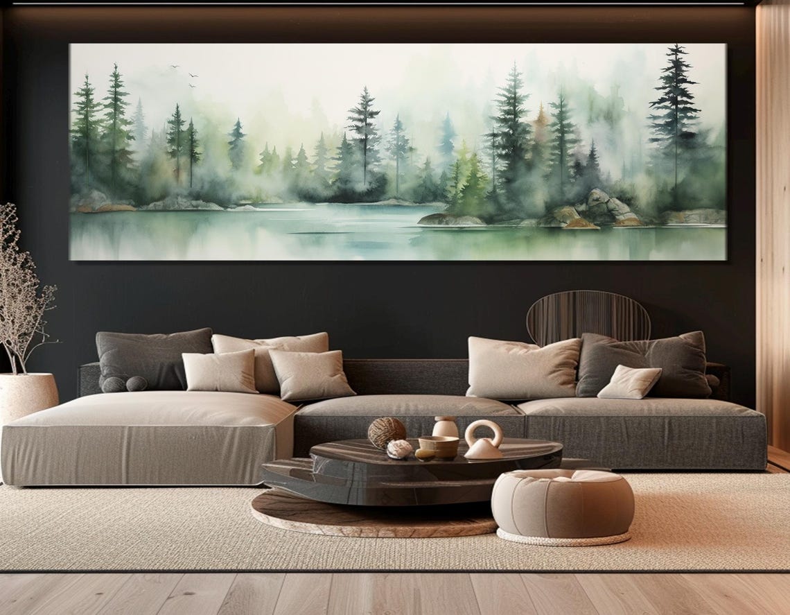 Misty Forest Lake Pines Reflections Soft Watercolor Nature Poster