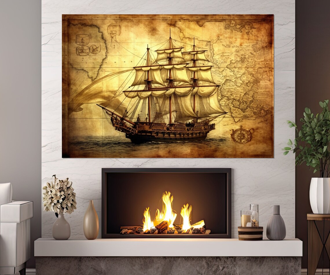 Old Sailboat on Vintage Map, Nautical Wall Art Print