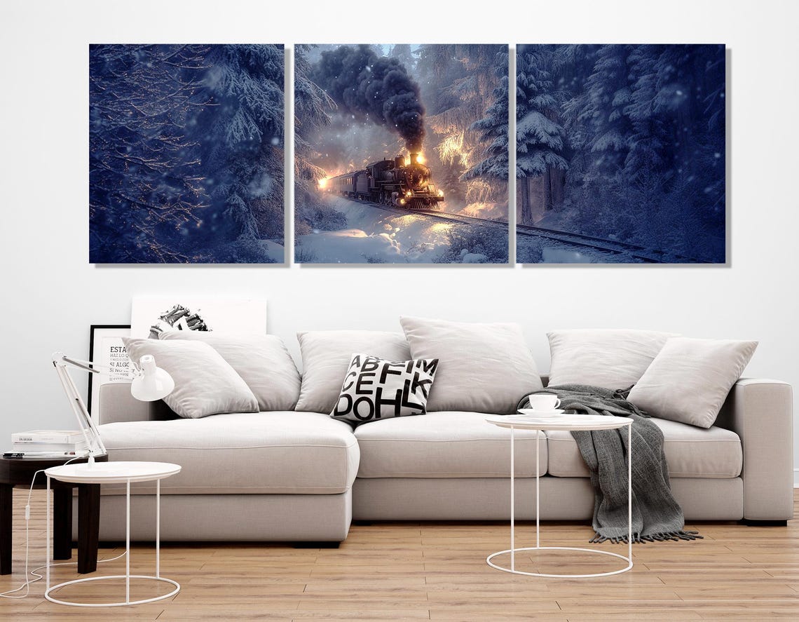 Steam Train Snowy Forest Winter Night Snowfall Panoramic Travel Poster - Image 3