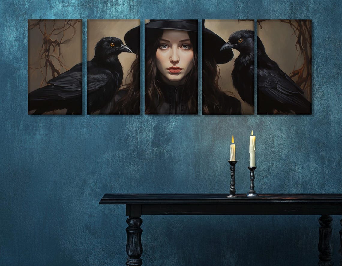 Dark Witch With Two Ravens Portrait Gothic Fantasy Wall Art Poster - Image 2