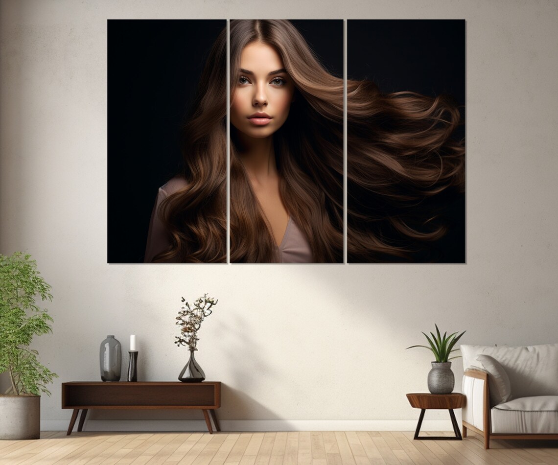 Woman Long Flowing Brown Hair Black Background Beauty Portrait Poster - Image 2