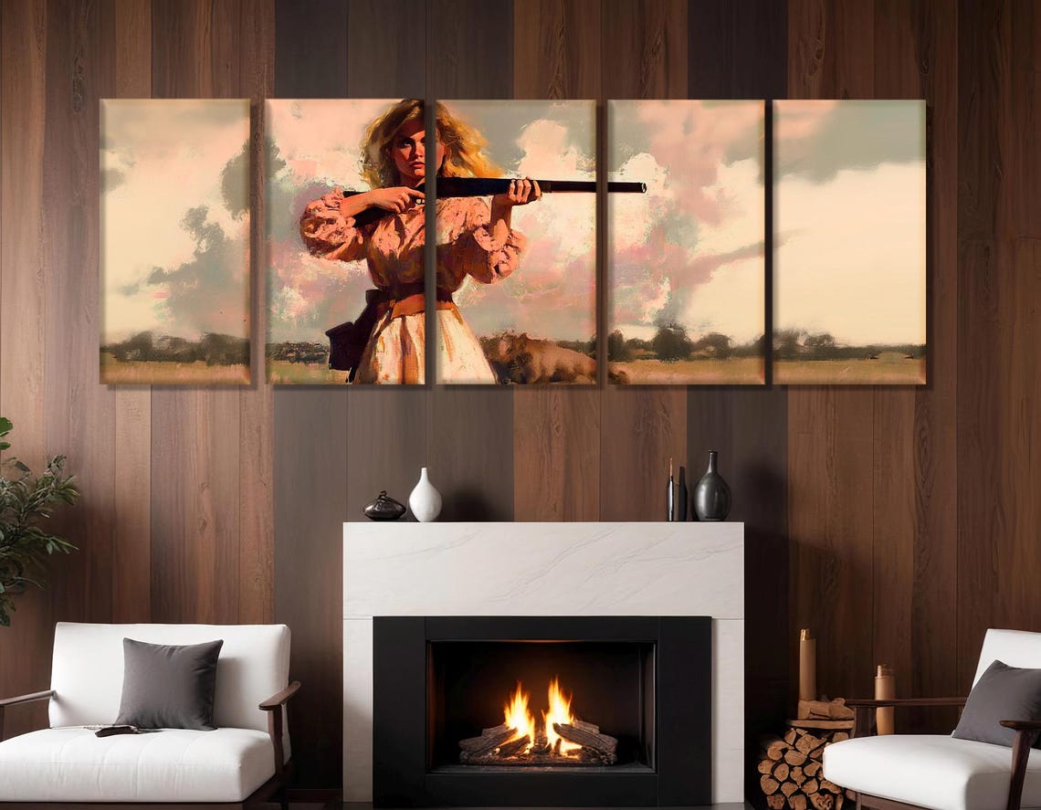Retro Woman With Rifle Prairie Sunset Vintage Western Style Poster - Image 3